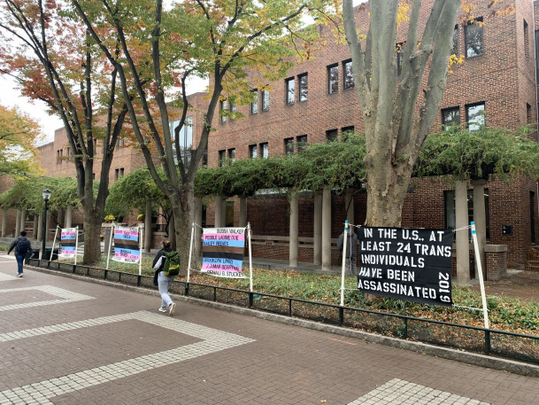 Transgender Day of Remembrance flags on Locust Walk, November 20, 2019.