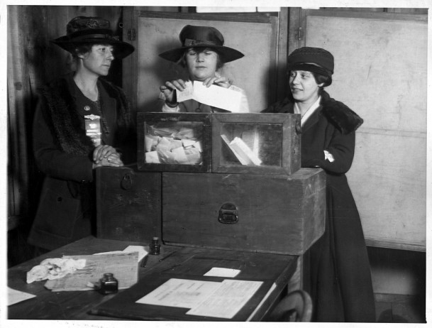 Three suffragists casting votes in New York City, c. 1917, Library of Congress