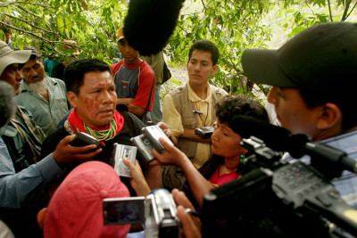 Emergildo Criollo, a leader from the Cofán indigenous community, testifies at the trial against ...
