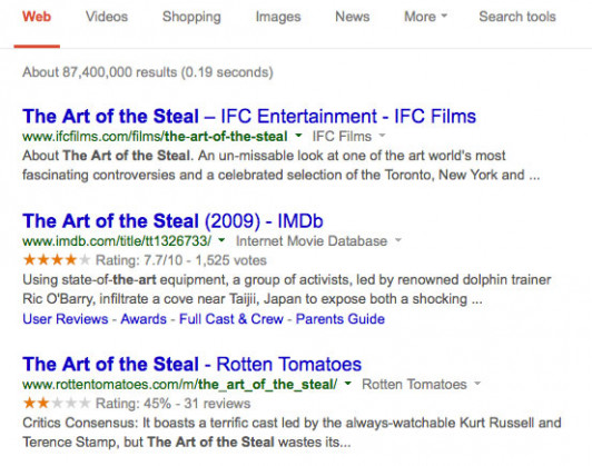 The top search results for "The Art of the Steal" point to the documentary, but the Rotten Tomatoes score refers to the Hollywood version.